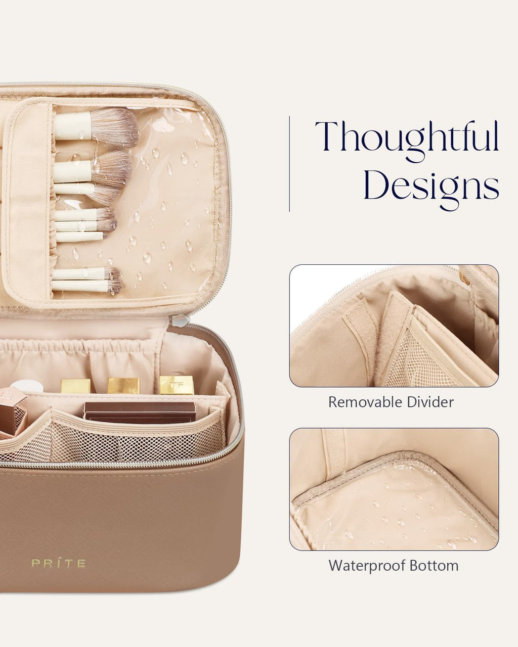 Prite Makeup Bag Portable Cosmetic Organizer with Brush Holder Waterproof Travel Toiletry Bag for Women with Handle and Divider (Brown)
