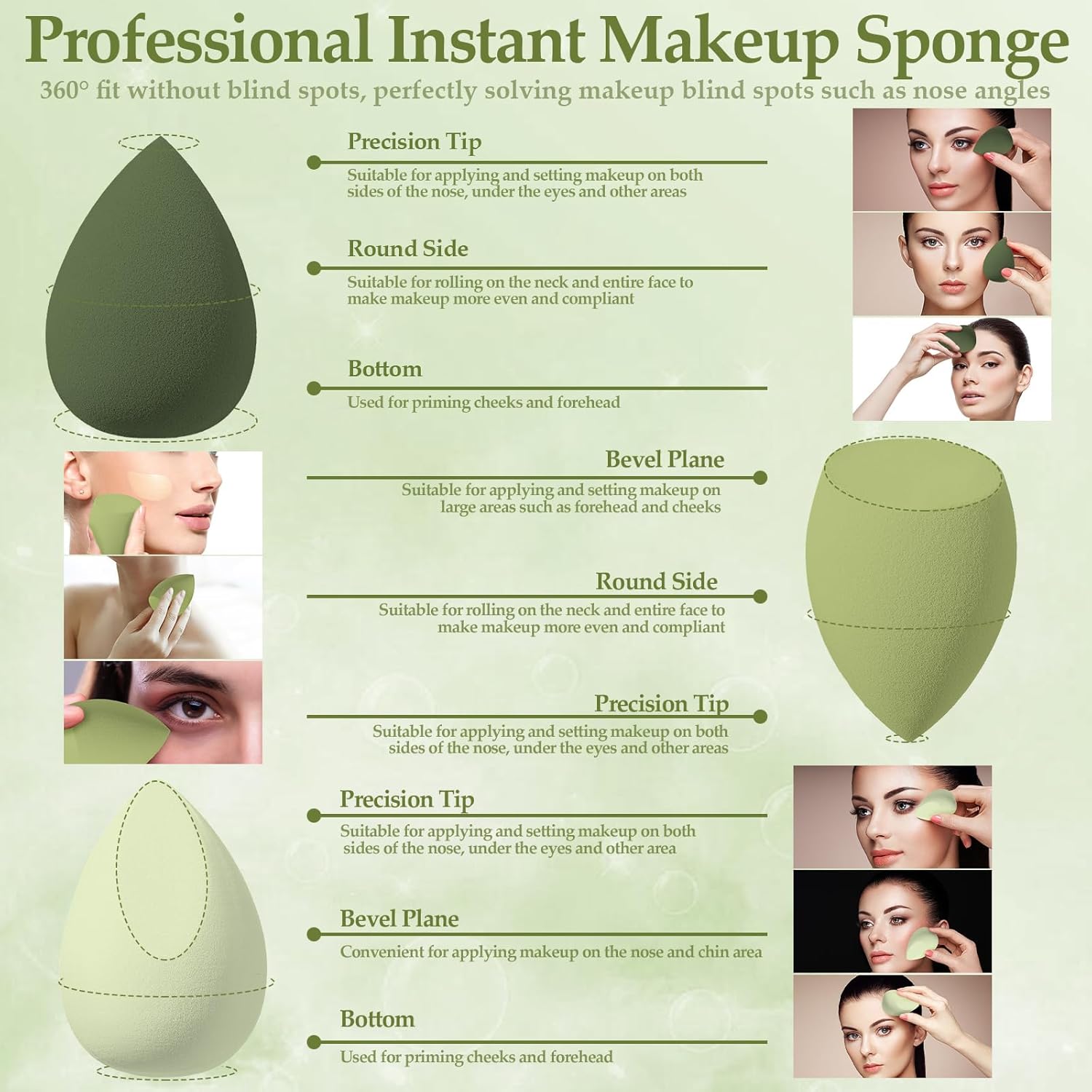 14 Pcs Makeup Sponge Set, Beauty Sponges Blender with 4 Pcs Powder Puff and 4 Pcs Mini Make up Sponges St. Patrick's Day Gift for Liquid,Foundation,Powder,Concealer,Cream (Green)