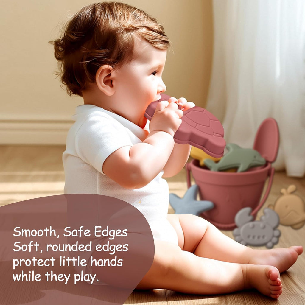 Silicone Beach Toys for Toddlers, Travel Friendly Sand Toys for Babies 6-12 Months, Collapsible Beach Bucket and Shovel Set with 6 Sand Molds for Kids, Family（Pink）