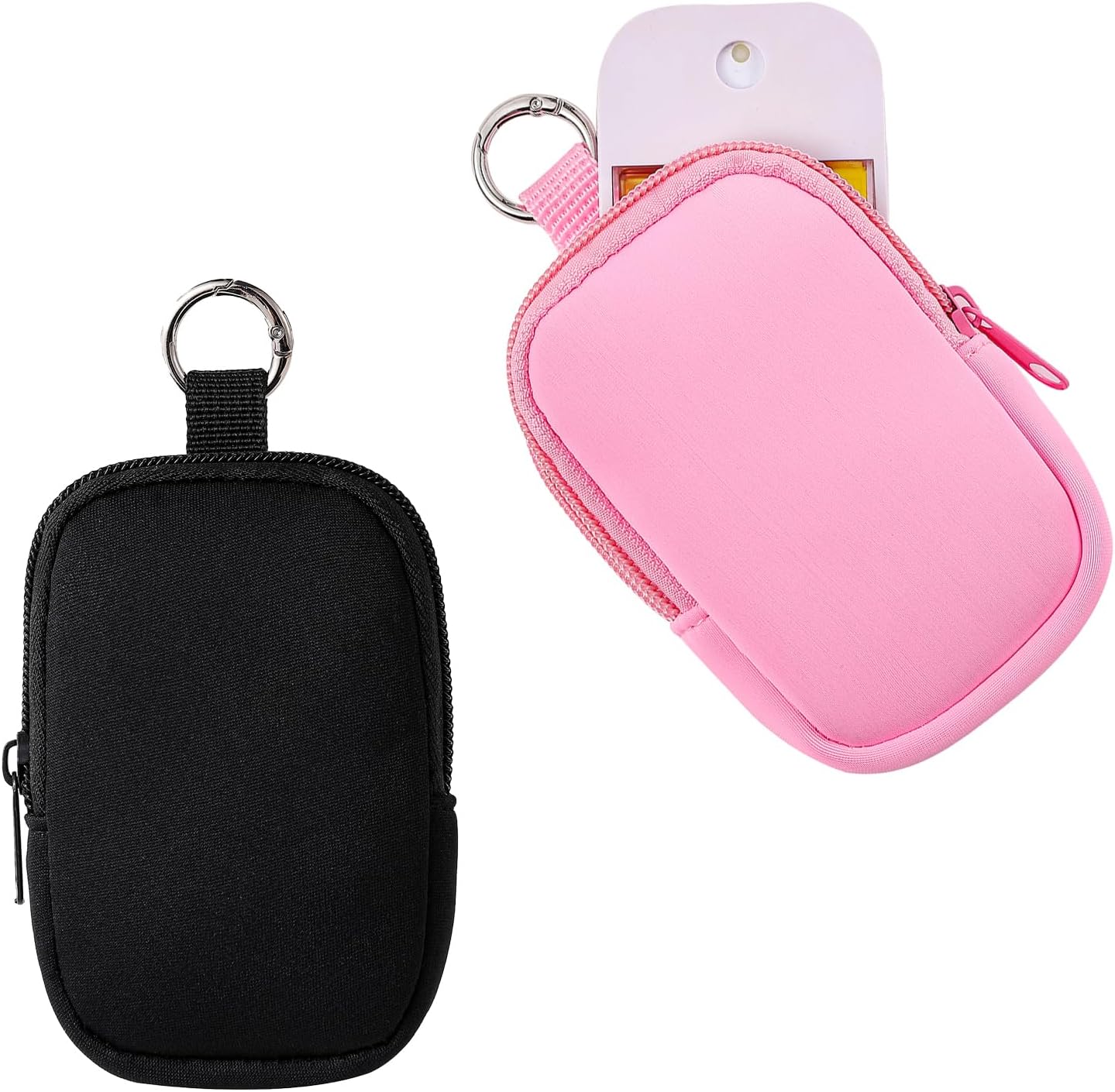 2Pcs Small Makeup Bag, Mini Portable Travel Cosmetic Bag, Soft Neoprene Makeup Pouch with Zipper, Fashion Accessory with Snap Hook, Cute Coin Purse Lipstick Cosmetic Travel Organizer(Black+ Pink)