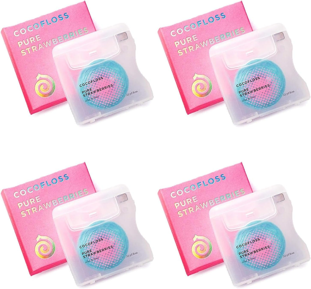 Cocofloss Woven Dental Floss, Dentist-Designed Oral Care, Strawberry Scent, Waxed, Expanding, Kid-Friendly String Floss with Coconut Oil, 4 Spools (33 yd Each)