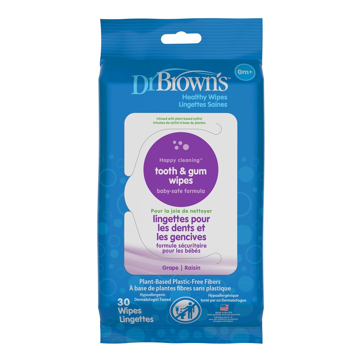 Dr. Brown's Tooth and Gum Healthy Wipes, Fluoride-Free Oral Care for Babies, Grape Flavor, 30 count, 1-Pack (Packaging May Vary)