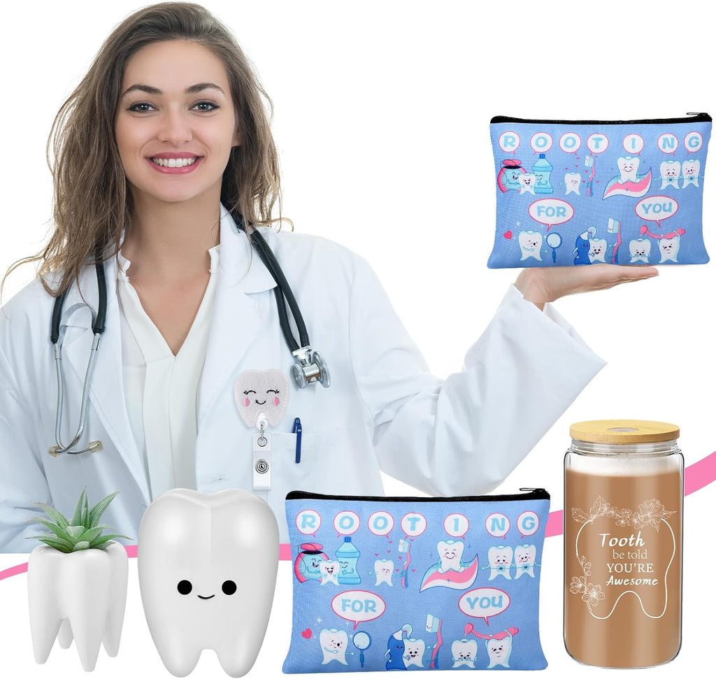 Pickmesh 6 Pcs Dental Gifts Dentist Assistant Hygienist Gifts 16 oz Glass Cups with Lid Makeup Bag Socks Badge Holder Tooth Brush Pot for Women Coworkers Doctor Nurse Christmas Accessories(Gray Blue)