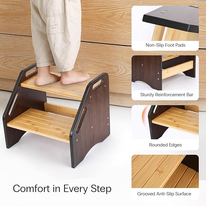 StrongTek Bamboo Kids Step Stool with Handles, 15" Wide Non-Slip Steps, 350 lb Capacity, Portable 2-Step Wooden Footstool, Easy to Assemble & Clean, Ideal for Bathroom, Kitchen, Sink & Toilet
