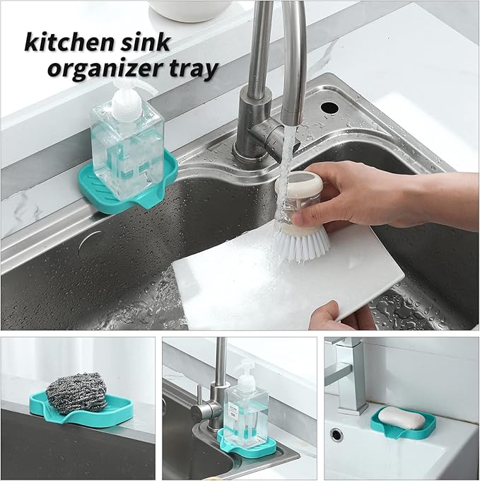 Silicone Bathroom Soap Dishes with Drain Spout-Bathroom and Kitchen Sink Organizer,Sponge Holder,Dish Soap Tray,Perfect for Dispenser,Scrubber,Bottle,Cup on Sink or Counter-Mint 4.9"×3.2"