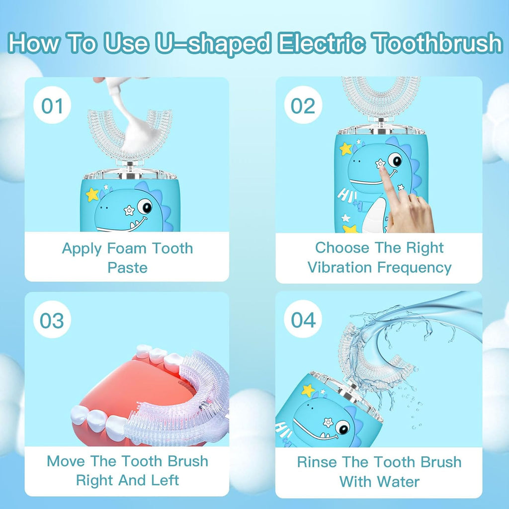Kids Electric U Shaped Toothbrush,Kids Dinosaur Sonic Full Mouth Toothbrush with 4 Soft Brush Head Automatic 6 Cleaning Modes IPX7 Waterproof 360 Degree Cleaning - Age2-7 Blue