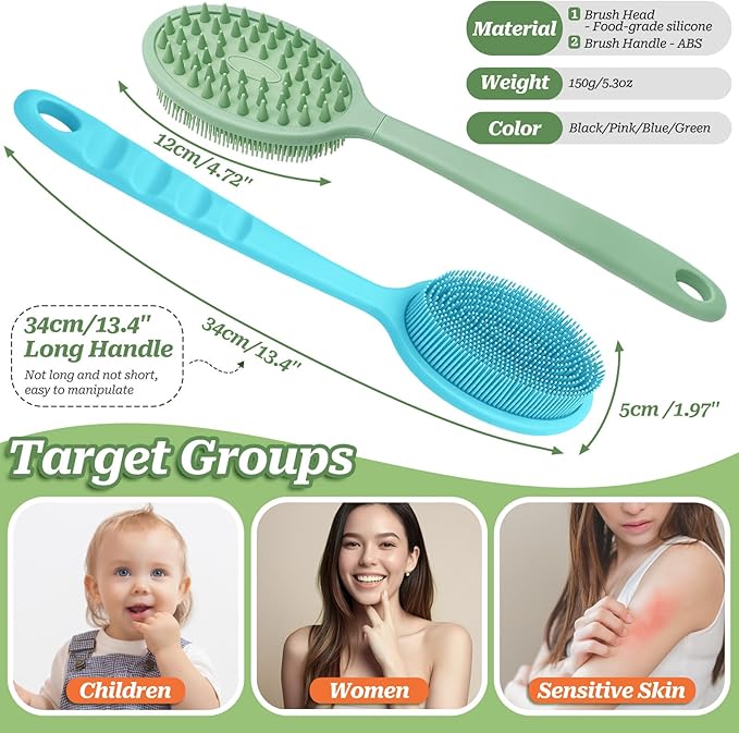 Silicone Face & Back Scrubber Set, Manual Face & Body Scrubber Exfoliator with Soft Bristles and Non-Slip Handle, Back Brush Bath Brush with 2 Detachable Brush Heads(3PCS Green Set)