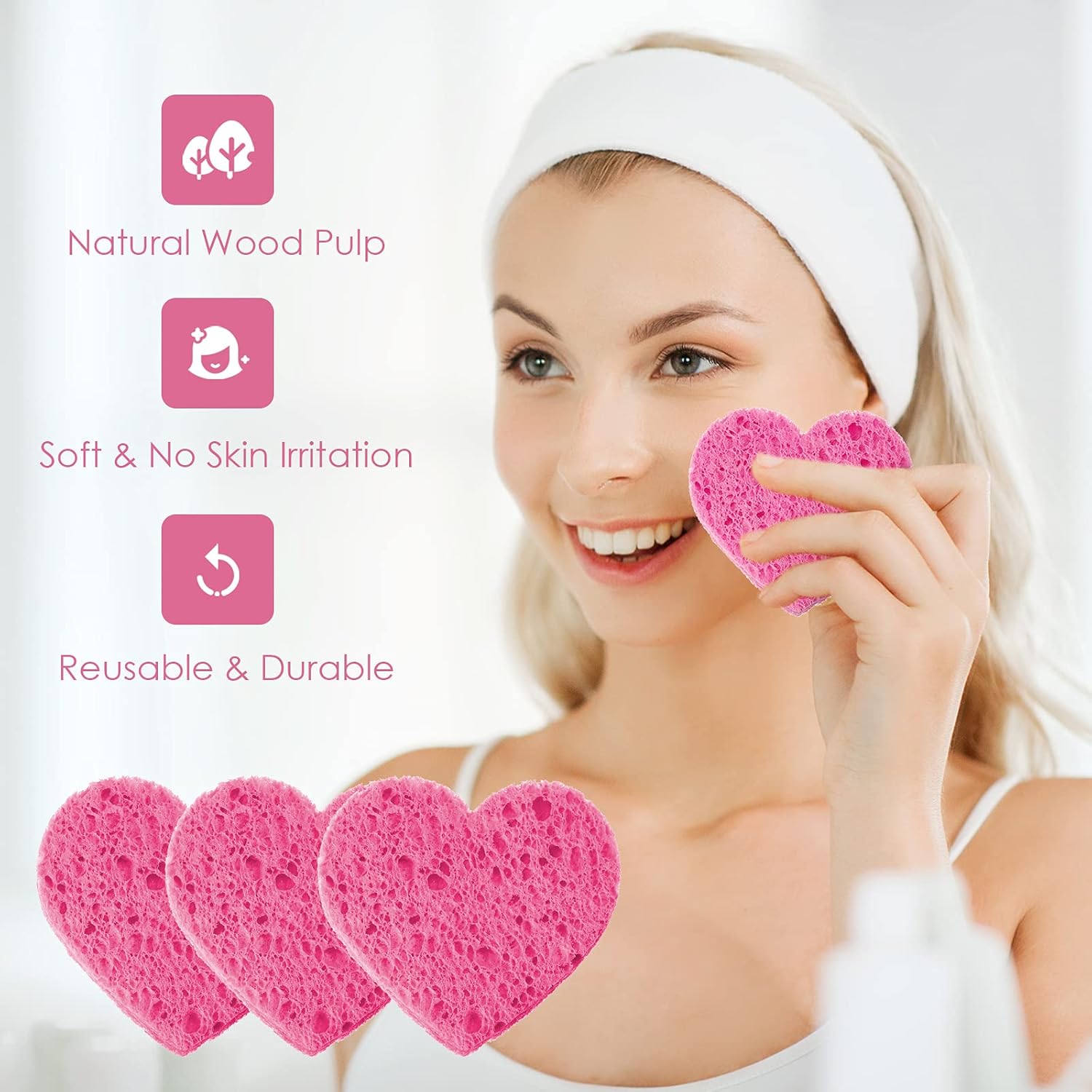 Nuenen 60 Pieces Facial Sponges with Container, Heart Shape Compressed Face Sponges Natural Cleaning Pads for Washing Face Cleaning Exfoliating Esthetician Makeup Removal(Pink)