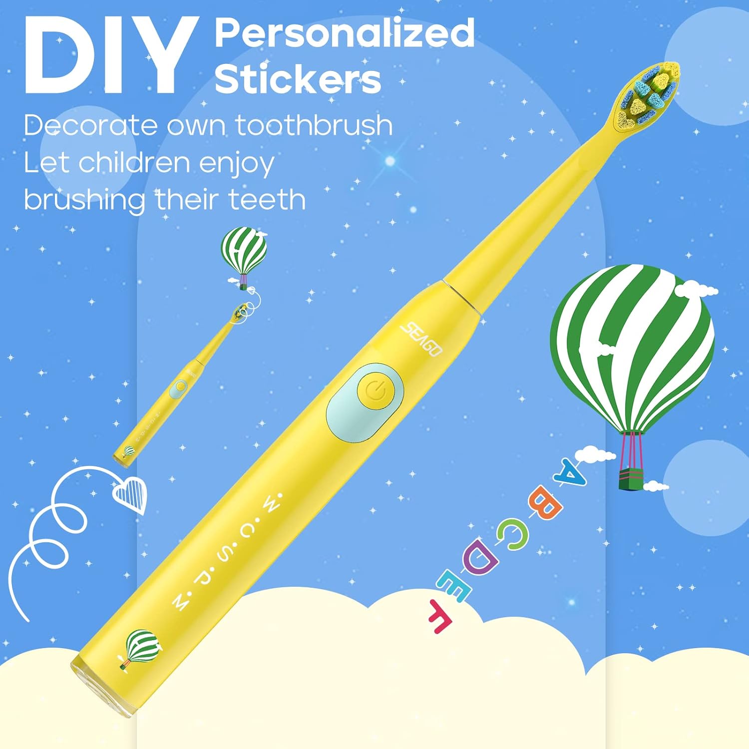 SEAGO Kids Electric Toothbrush, Sonic Soft Bristle Rechargeable Toothbrushes with DIY Stickers, 5 Modes, Includes 4 Replacement Brush Heads, Ages 3 to 12 Years Old (Yellow)