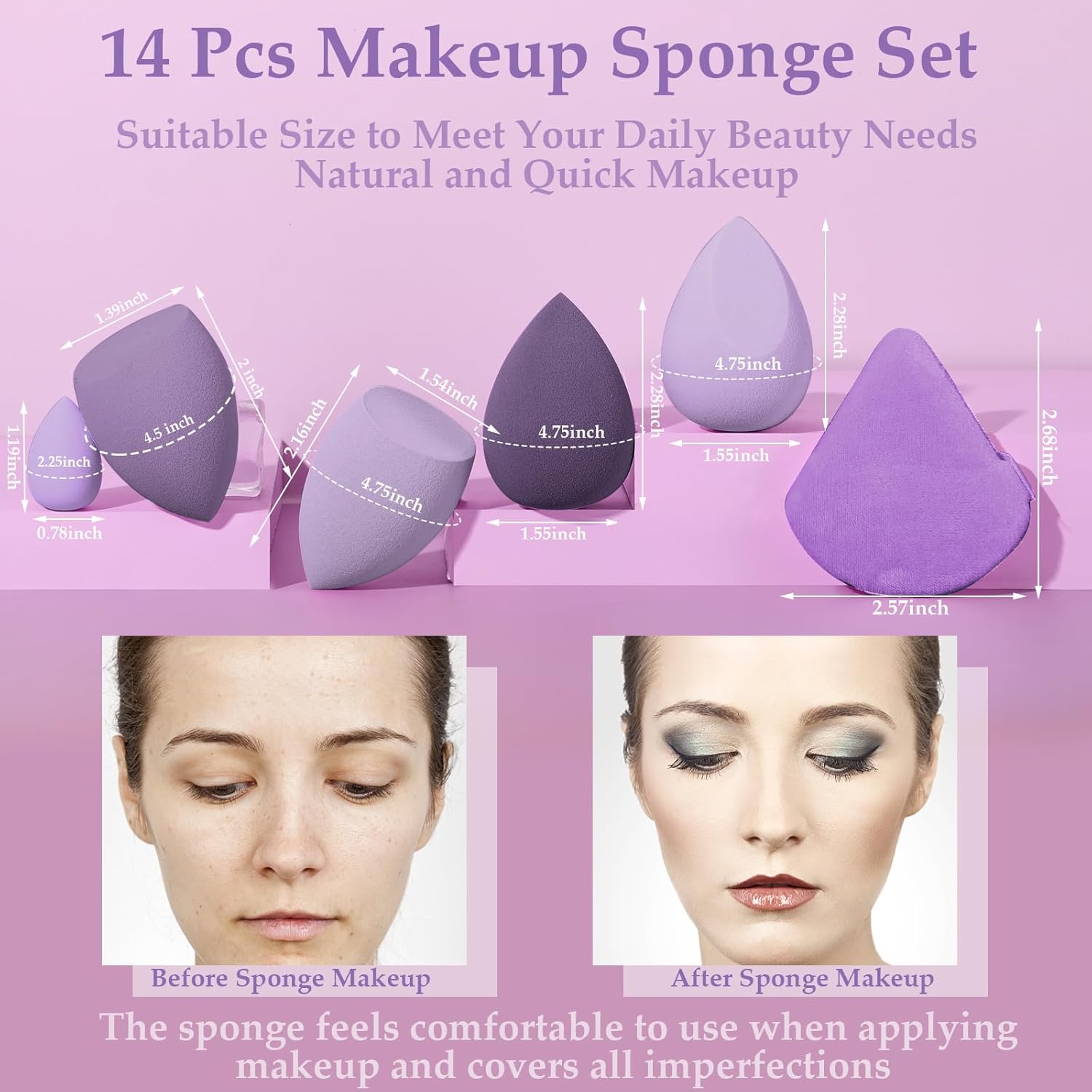 14 Pcs Makeup Sponge Set, Beauty Sponges Blender with 4 Pcs Powder Puff and 4 Pcs Mini Make up Sponges for Liquid,Foundation,Powder,Concealer,Cream (Purple)
