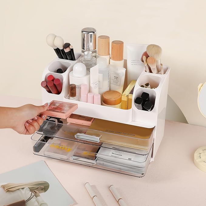 Makeup Organizer, Desk Organizer with 2 Large Drawers, Cosmetics Storage Box for nail polish,Lipstick, Brushes, Jewelry, Skincare, Bathroom Organization Boxes