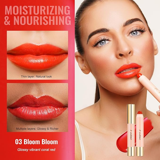 Oulac Coral Red Lipstick - Moisturizing Lipstick Tinted Lip Balm for Dry Lips | Vibrant Bright Red Lip Crayon & Blush - Lip Colour and Cheeks Makeup | 2.48g, Bloom Bloom (03)