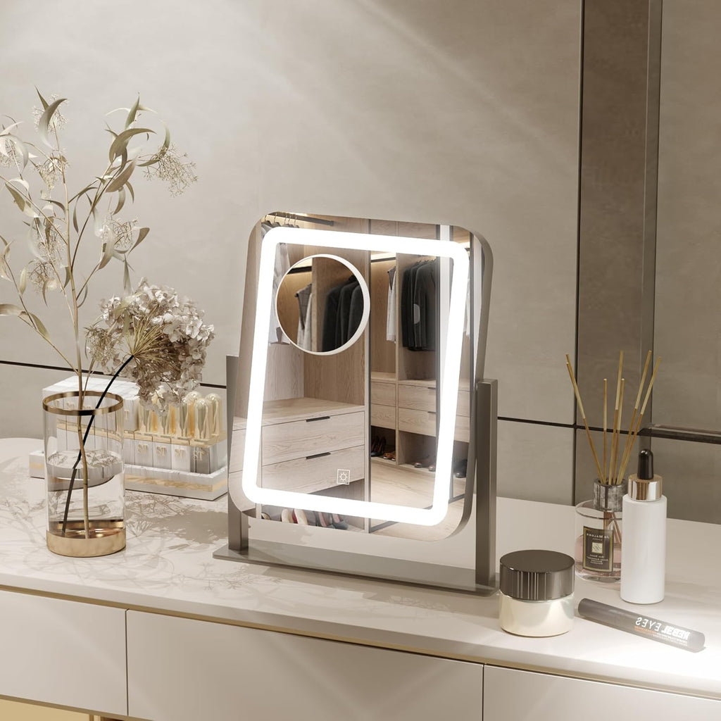 PRIMETEK Vanity Mirror with Lights, 16"x14" Large LED Lighted Makeup Mirror, Hollywood Makeup Mirror, Touch Screen, 3-Color Lighting, 5X Magnification, for Vanity Desk Tabletop, Bedroom, Black