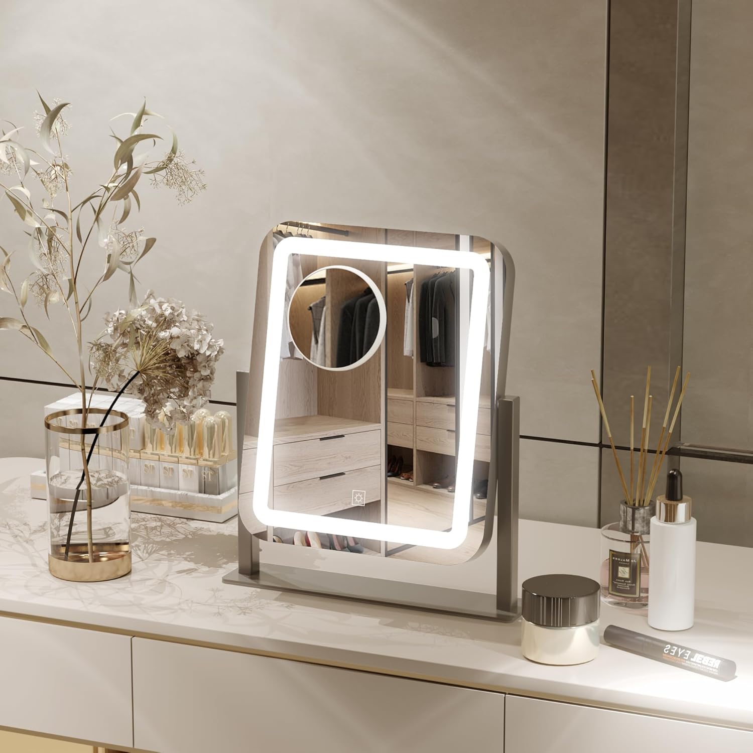 PRIMETEK Vanity Mirror with Lights, 16"x14" Large LED Lighted Makeup Mirror, Hollywood Makeup Mirror, Touch Screen, 3-Color Lighting, 5X Magnification, for Vanity Desk Tabletop, Bedroom, Black