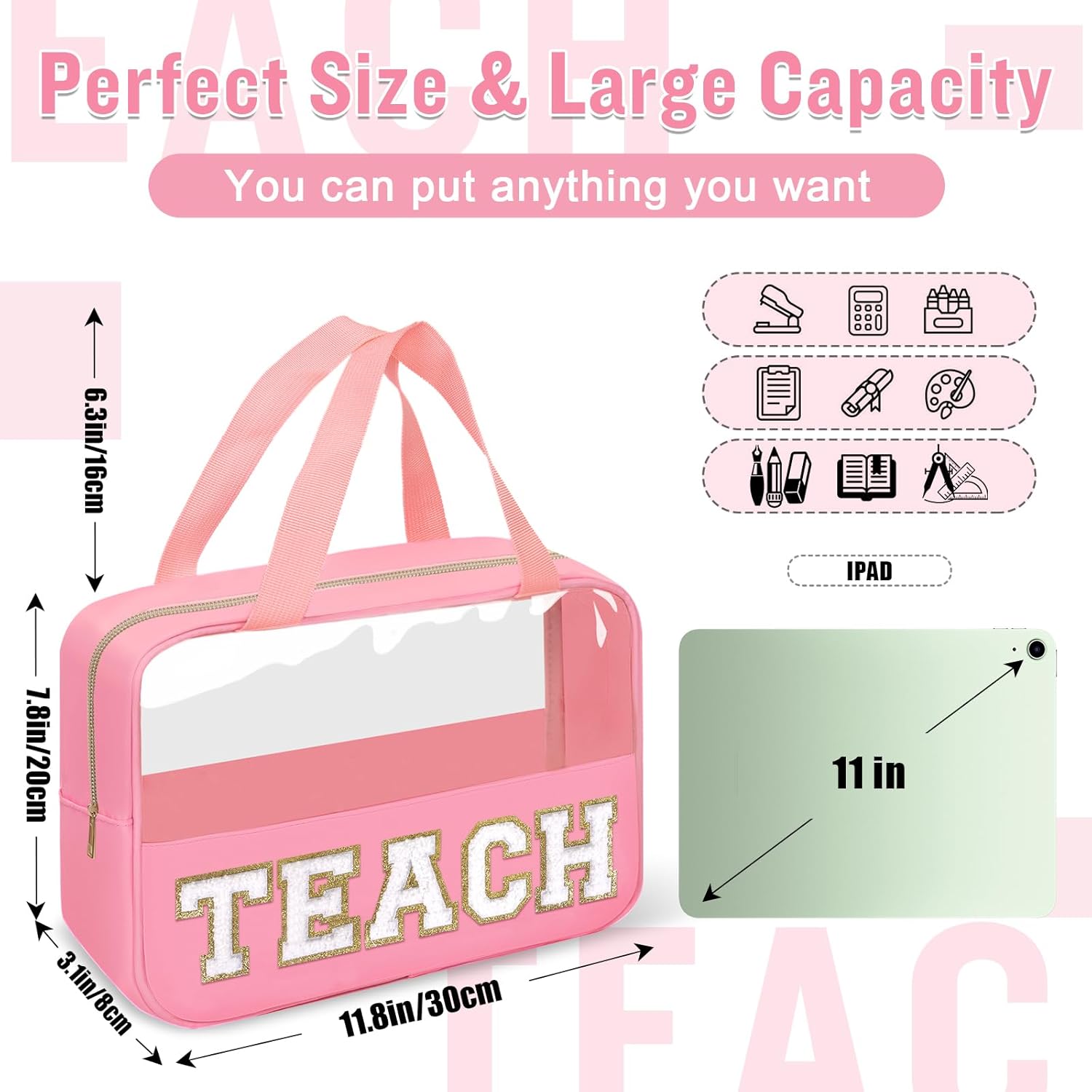 Teacher Appreciation Gifts Chenille Letter Clear Makeup Bag TEACH Pouch, Preppy Waterpoof Makeup Cosmetic Bag with Zipper Graduation Retirement Birthday Teacher Essentials Gifts for Women(TEACH-Pink)