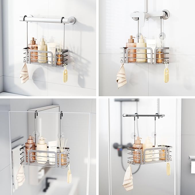 SWTYMIKI Shower Caddy Hanging Organizer - Over the Door Shower Caddy with 6 Hooks, 2 Installation Ways, Stainless Steel Rustproof Bathroom Organizer, Sand Nickel