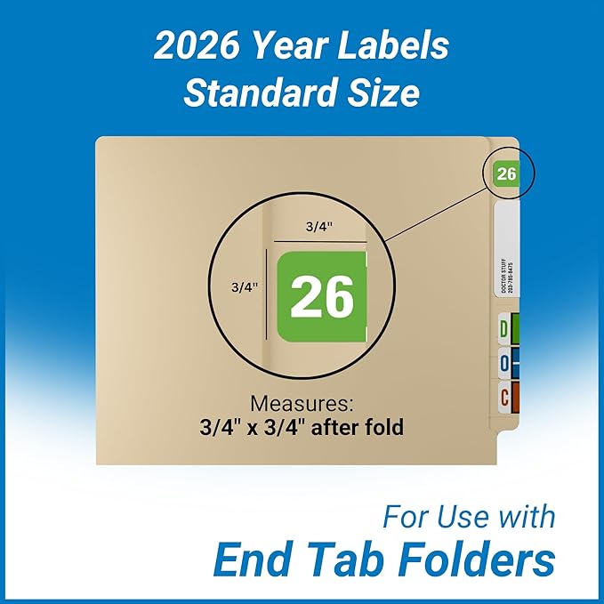2026 Year Labels, Doctor Stuff 2026 Chart Stickers, Light Green Color Coded, Tabbies 70200 Style, USA Made Year Stickers for End Tab File Folders, 500/Roll, 1 Roll, 3/4" x 1-1/2"