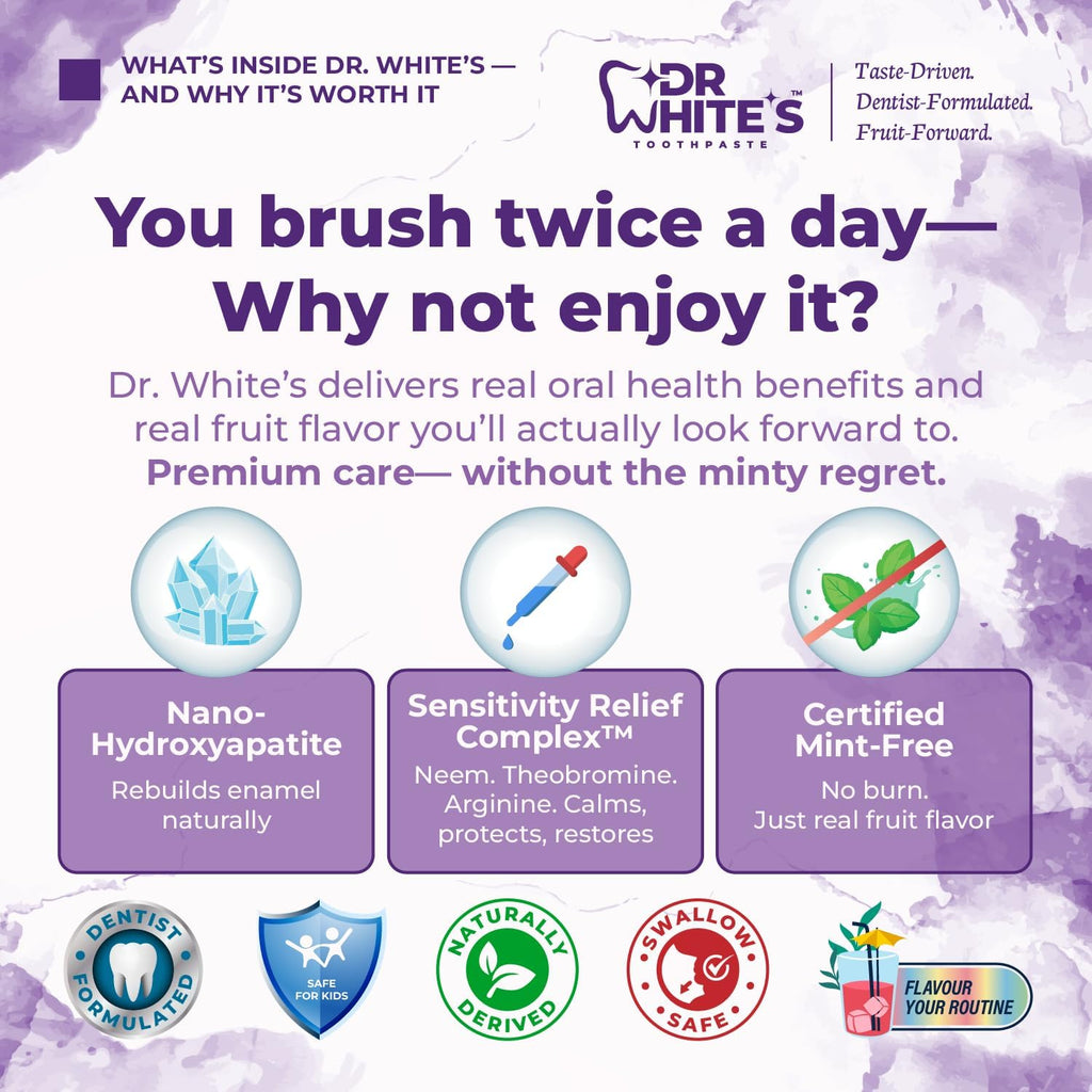 Dr. White’s Fluoride-Free nHA Toothpaste 3-Pack; Dentist-Formulated, Nano Hydroxyapatite + Xylitol, Sensitivity Relief Complex™, Mint-Free, Enamel Safe, Swallow-Safe (3.5 Oz, Passion Fruit Kiss)