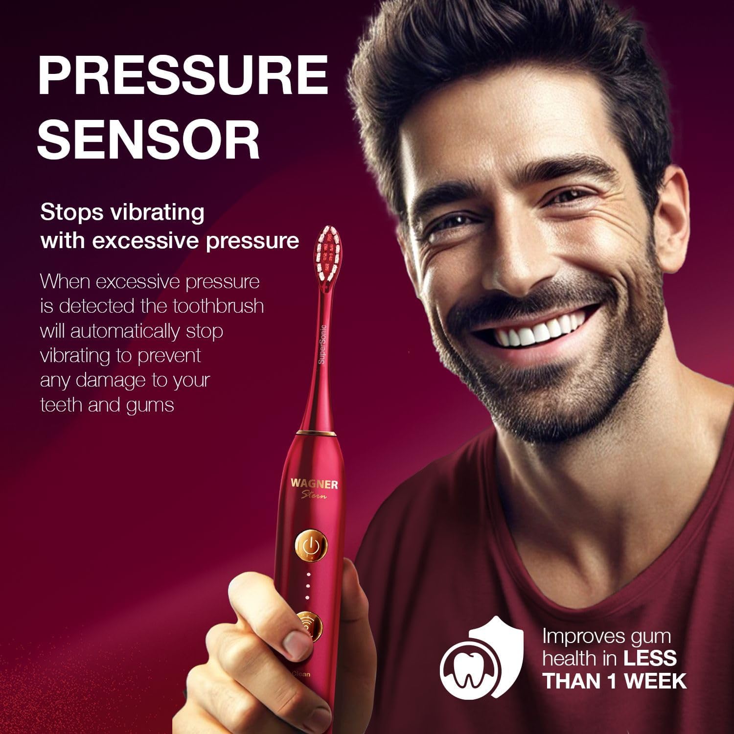 Wagner Stern WHITEN+ Edition. Whitening Electric Toothbrush with Pressure Sensor. Offers 5 Brushing Modes, 3 intensities, 8 Soft Brush Heads, and a Luxury Travel case.