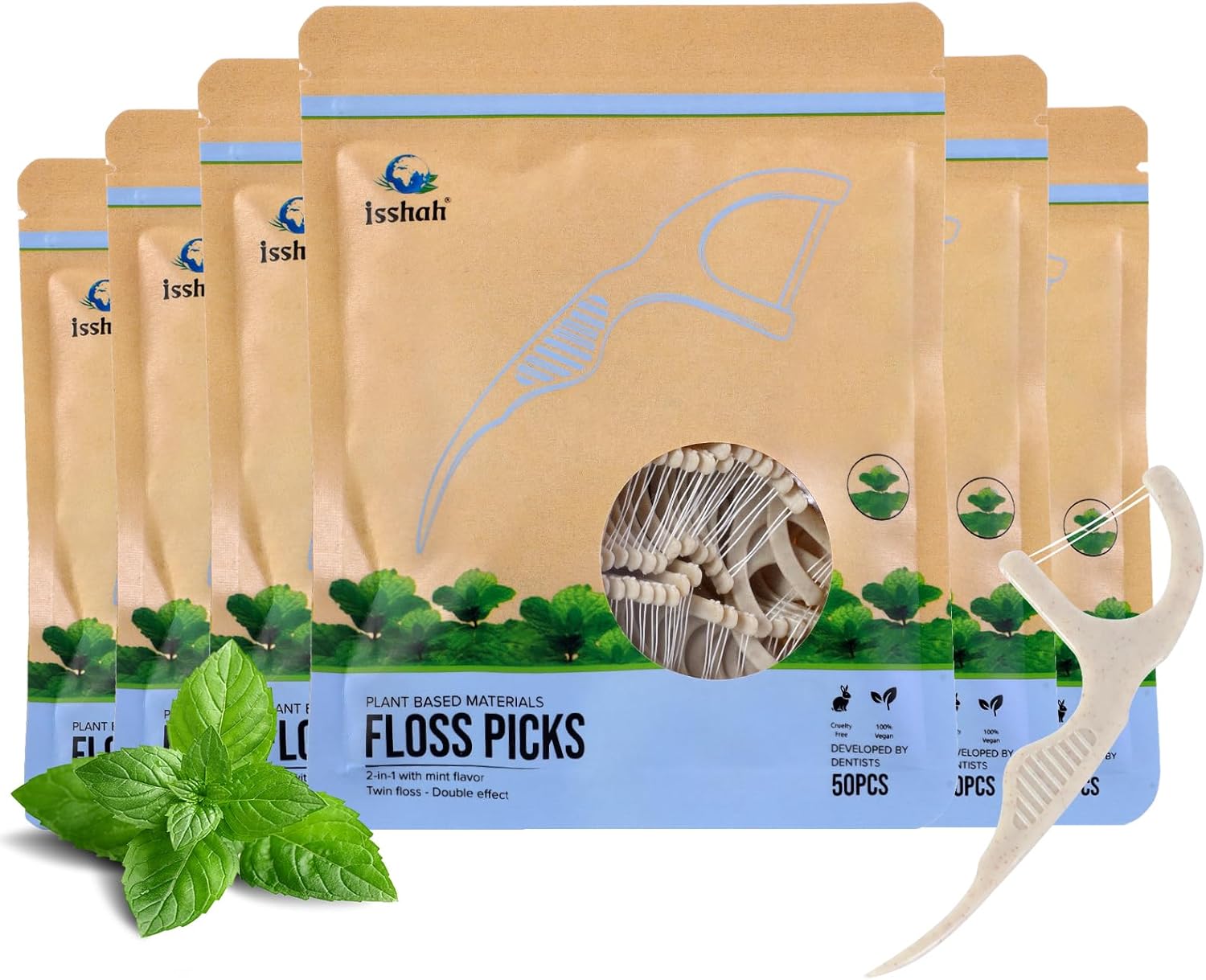 Plant Based Dental Floss Picks (300 Count) - Freshlock EcoPouch, Plant Based, Vegan, Eco Friendly, Sustainable Dental Flossers - Twin Floss (Mint)