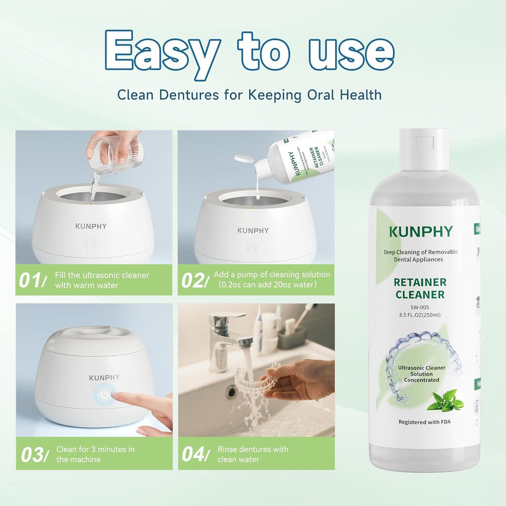 KUNPHY Ultrasonic Retainer Cleaner Solution Concentrate-Professional Cleaning of Retainers, Denture, Invisible Aligners, Mouth Guards, Night Guards, Remove Odors, Discoloration & Stains 8 oz(Mint)