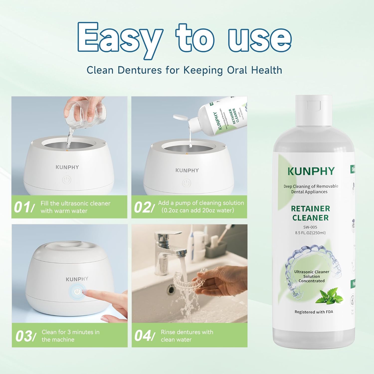 KUNPHY Ultrasonic Retainer Cleaner Solution Concentrate-Professional Cleaning of Retainers, Denture, Invisible Aligners, Mouth Guards, Night Guards, Remove Odors, Discoloration & Stains 8 oz(Mint)
