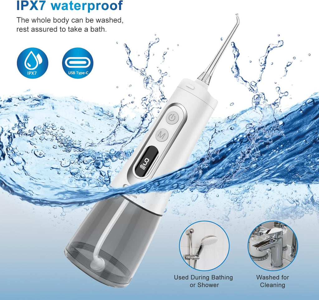 Water Dental Flosser Oral irrigator,JNGOODS 300ml Rechargeable Water flosser for Teeth IPX7 Waterproof 9 Modes Portable Oral Irrigator LED Display with 4 Jet Tips, Travel Home use (White)