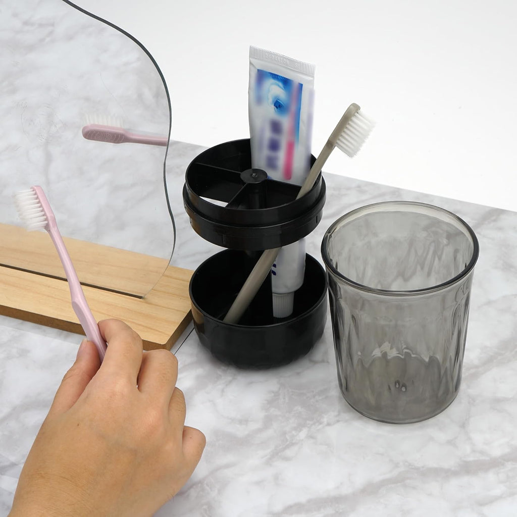 Toothbrush Holder Stand with Cup/Cover, Adjustable Height Toothbrush Organizer with 3 Slots, Portable for Bathroom, Travel, Camping (Black)