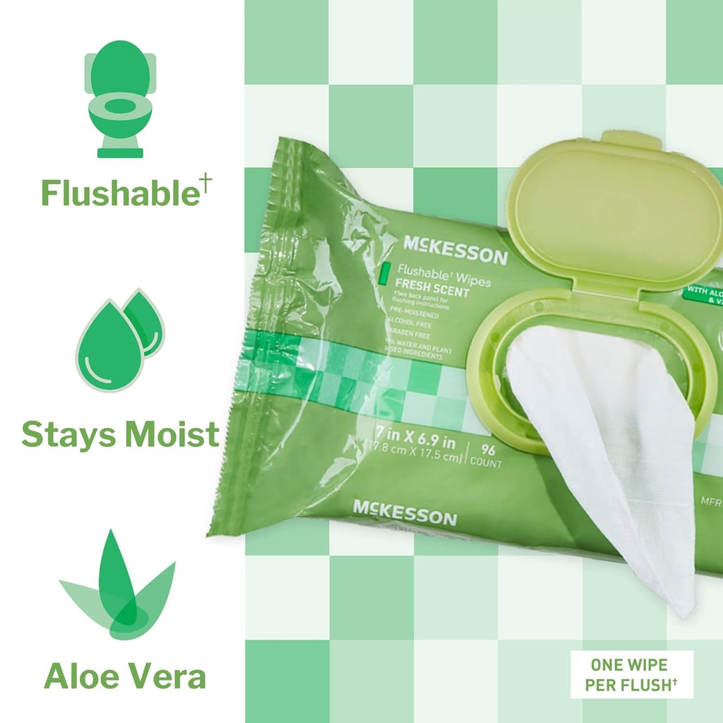McKesson Flushable* Adult Wet Wipes – 288 Wipes (3 Pack of 96) – Aloe & Vitamin E, Plant-Based Cleansing Wipes, Scented