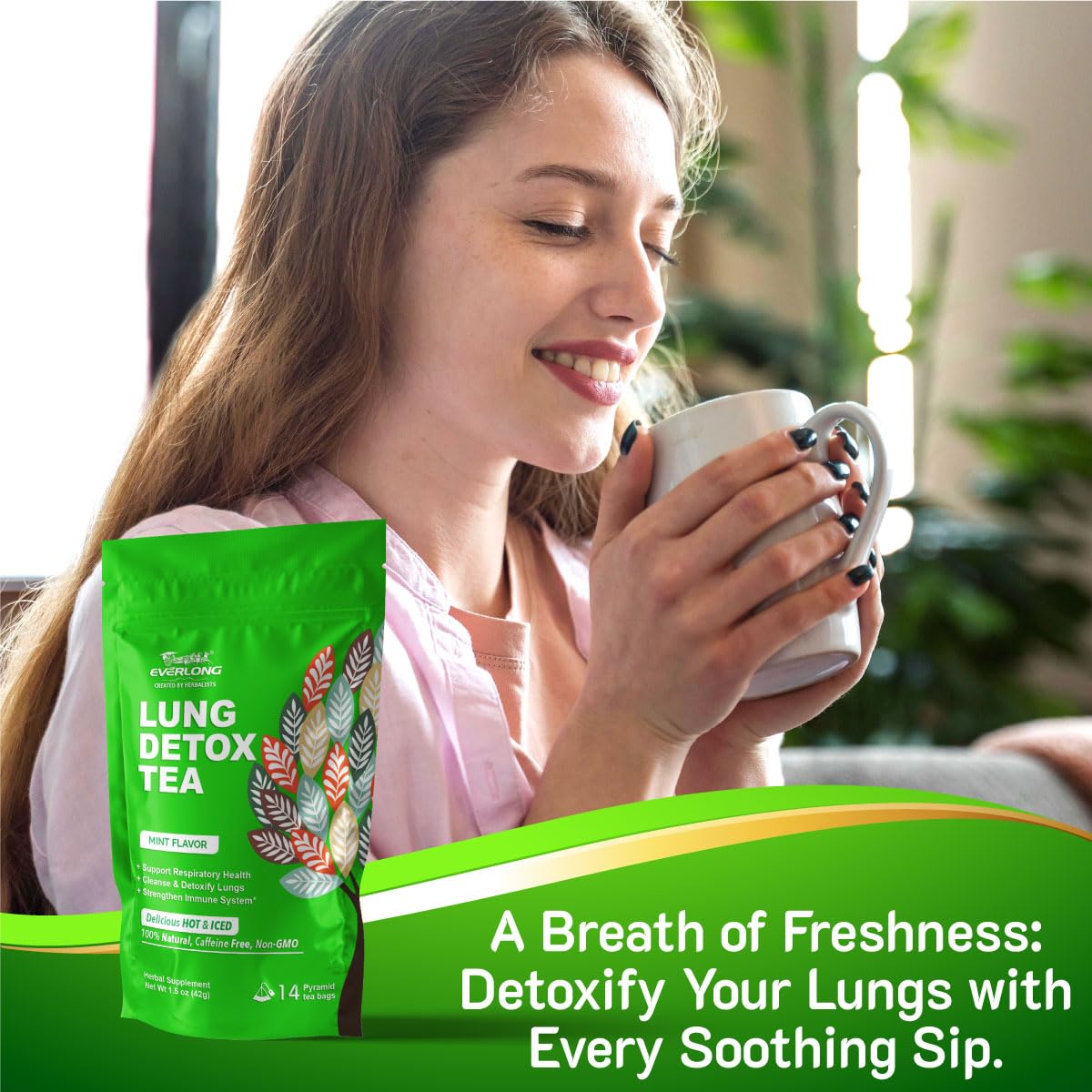 EVERLONG Lung Detox Tea – Mullein Tea with Thyme, Ginseng, Lungwort, Eucalyptus, Liquorice, Spearmint and Sage for Lung Cleanse and Respiratory Health – 14 Herbal Tea Bags, All Natural, Caffeine-Free