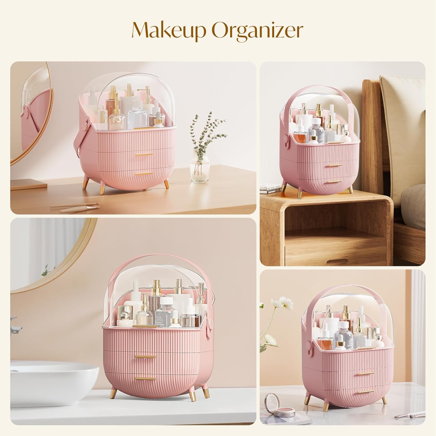 Makeup Organizers, Make Up Organizer for Vanity, Countertop Cosmetic Storage with Drawers and Transparent Cover for Bedroom Bathroom, Pink