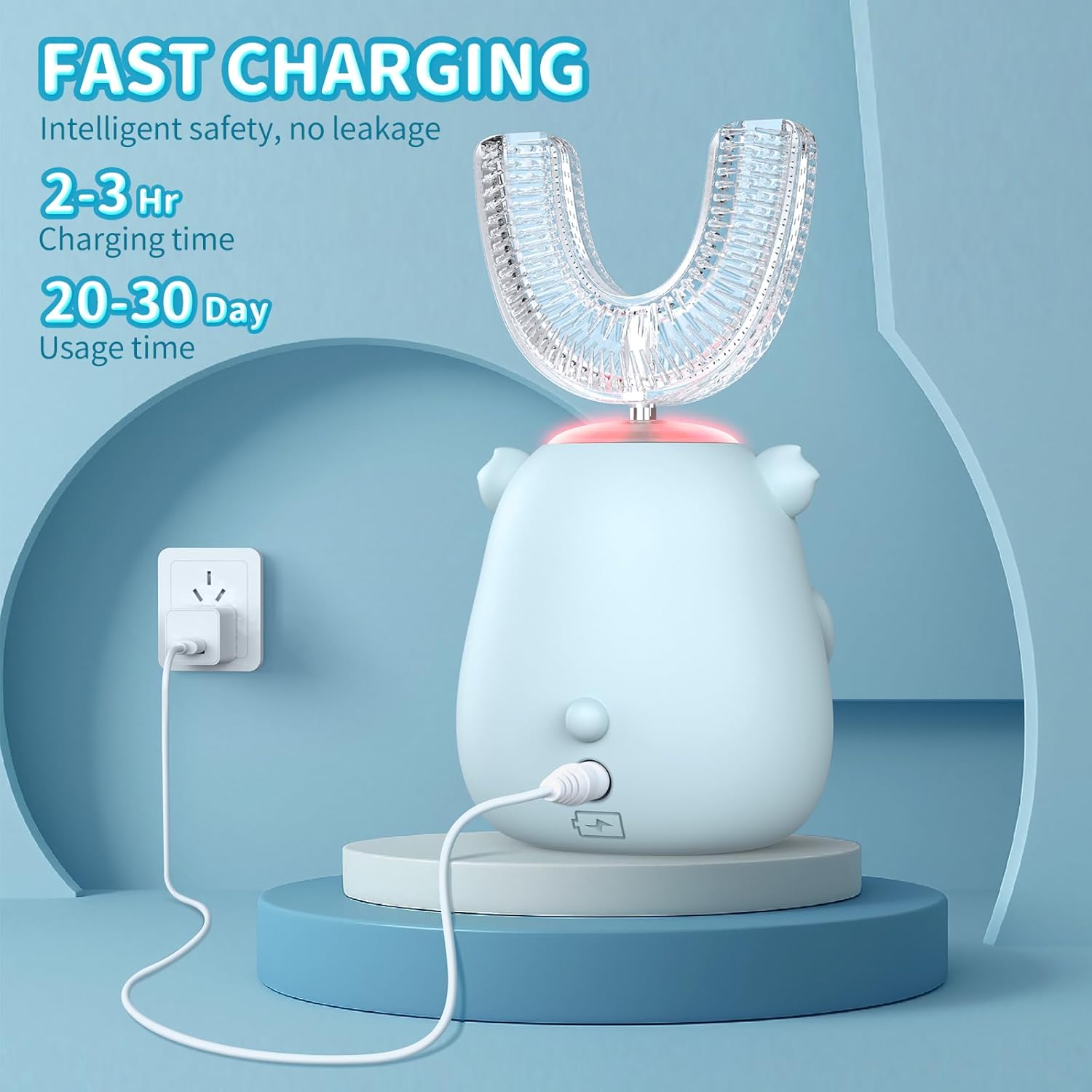 Kids U Shaped Electric Toothbrush, Automatic 360° Sonic Cleaning, 6 Modes, 4 Brush Heads, Cute Cartoon Koala Design (6-12 Age (Grey Blue))