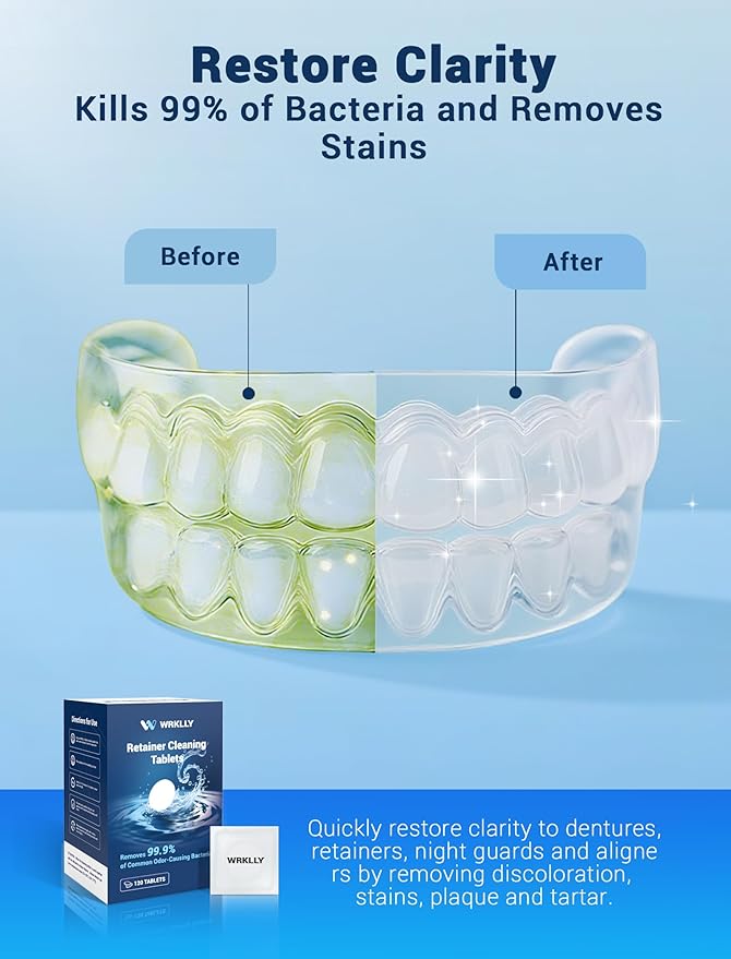 Retainer Cleaner Tablets (120 pcs), Denture Cleaning Tablets for Invisalign, Night Mouth Guard for Aligners, Remove Odors Stains and Plaque, Quick Cleanser, Mint Fresh Flavor, 4 Month Supply