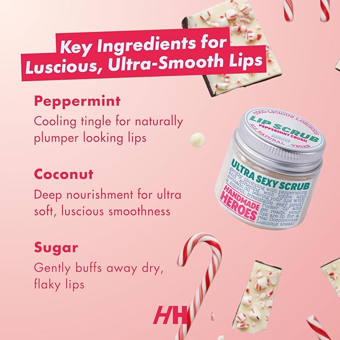 Handmade Heroes Peppermint Lip Scrub - 100% Natural Vegan Conditioning Lip Exfoliator & Sugar Polish for Dry Chapped Lips - Lip Plumper & Hydrating Lip Therapy for Smooth Supple Lips 1 oz