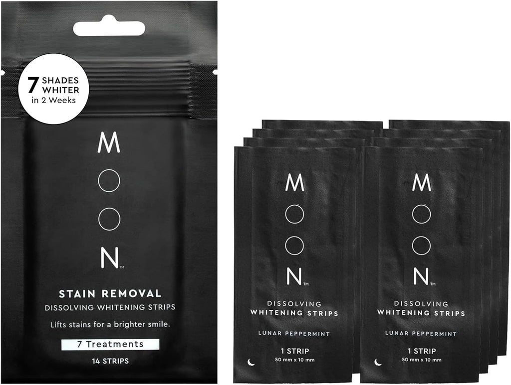 MOON Dissolving Teeth Whitening Strips, 14 No Rinse White Strips, Peppermint, Hydrogen Peroxide & Essential Oils, Whiten Sensitive Teeth up to 7 Shades in 2 Weeks, Travel Essentials, Vegan Oral Care
