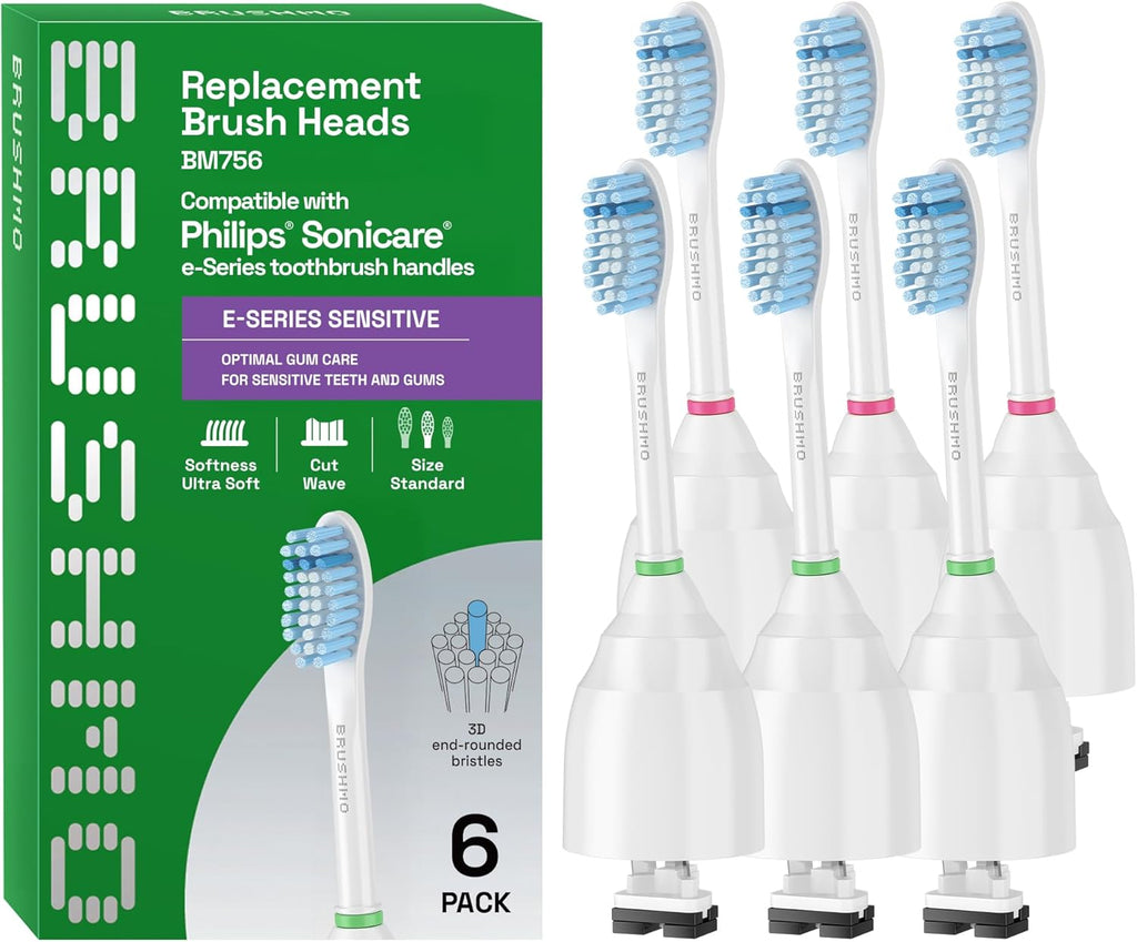 Brushmo e-Series Sensitive Replacement Toothbrush Heads, Compatible with Philips Sonicare Screw-on Electric Toothbrush Handles, 6 Standard Replacement Heads, Ultra Soft Dupont Bristles, BM756, White