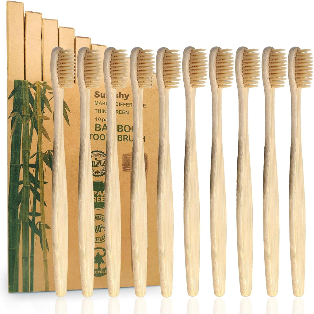 10 Pack Beige Bamboo Toothbrushes | Biodegradable & Compostable Eco-Friendly Natural Bamboo Charcoal Toothbrushes | BPA Free Soft Bristles Wooden Toothbrush - 100% Recycled Packaging