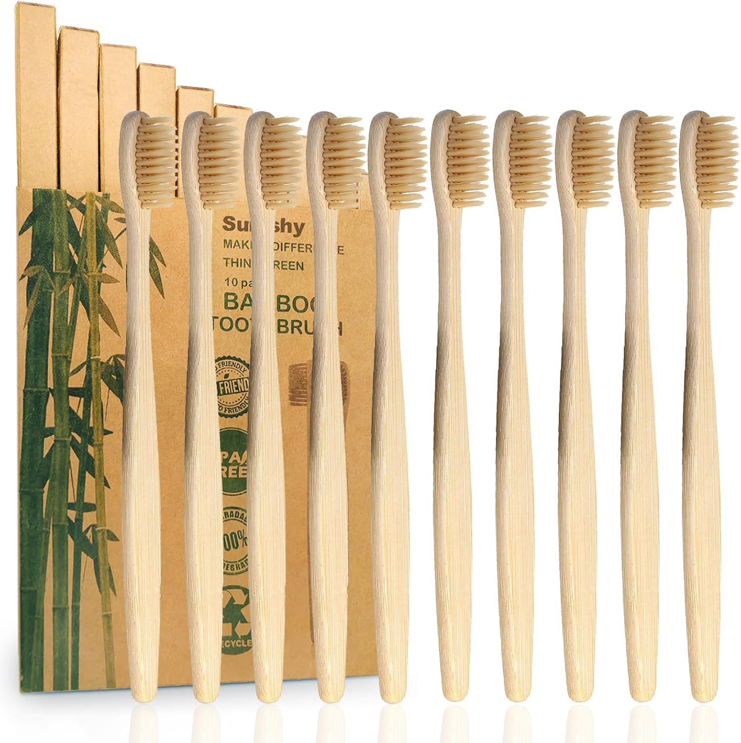 10 Pack Beige Bamboo Toothbrushes | Biodegradable & Compostable Eco-Friendly Natural Bamboo Charcoal Toothbrushes | BPA Free Soft Bristles Wooden Toothbrush - 100% Recycled Packaging