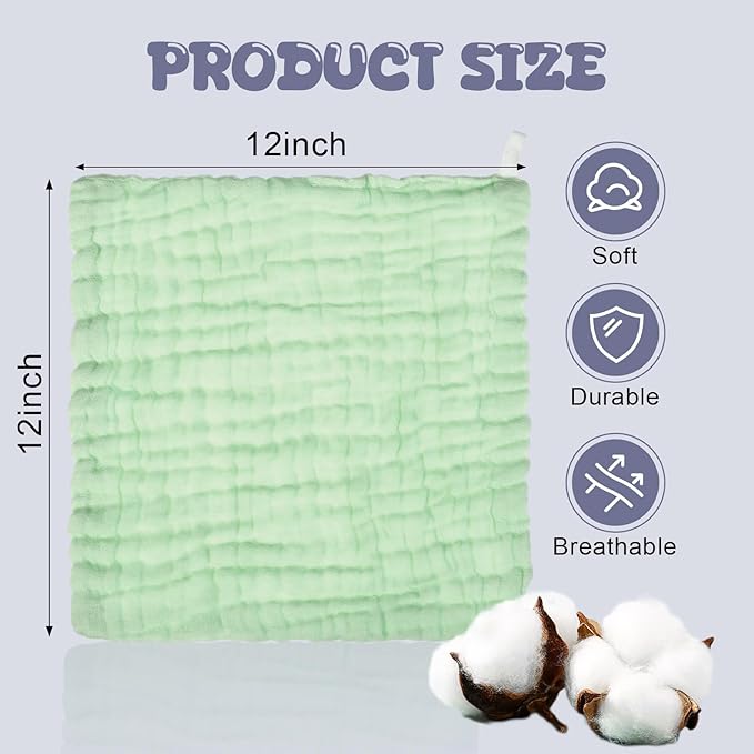 Breling 20 Pcs Baby Muslin Washcloth 12 x 12 Inch 100% Cotton Soft and Absorbent Muslin Washcloth Burp Cloth Wipe Newborn Face Towel for Baby Boy Girl Sensitive Skin(White, Light Green, Green)
