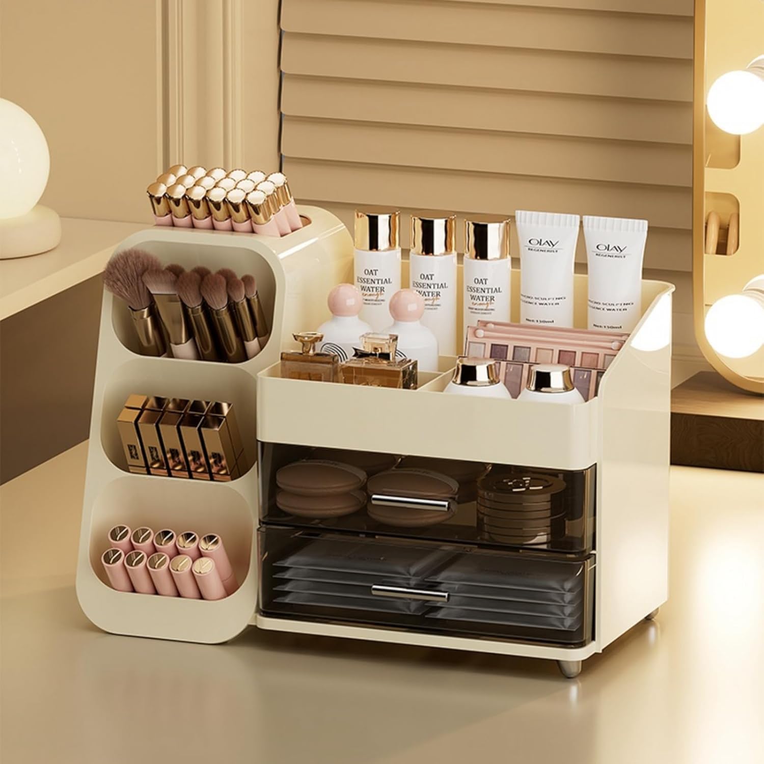 Makeup Organizer with Drawers,Large Capacity Countertop Organizer for Vanity,Bathroom and Bedroom Desk Cosmetics Organizer,Easy To Storage Skincare,Brushes, Eyeshadow, Lotions, Lipstick (Cream)
