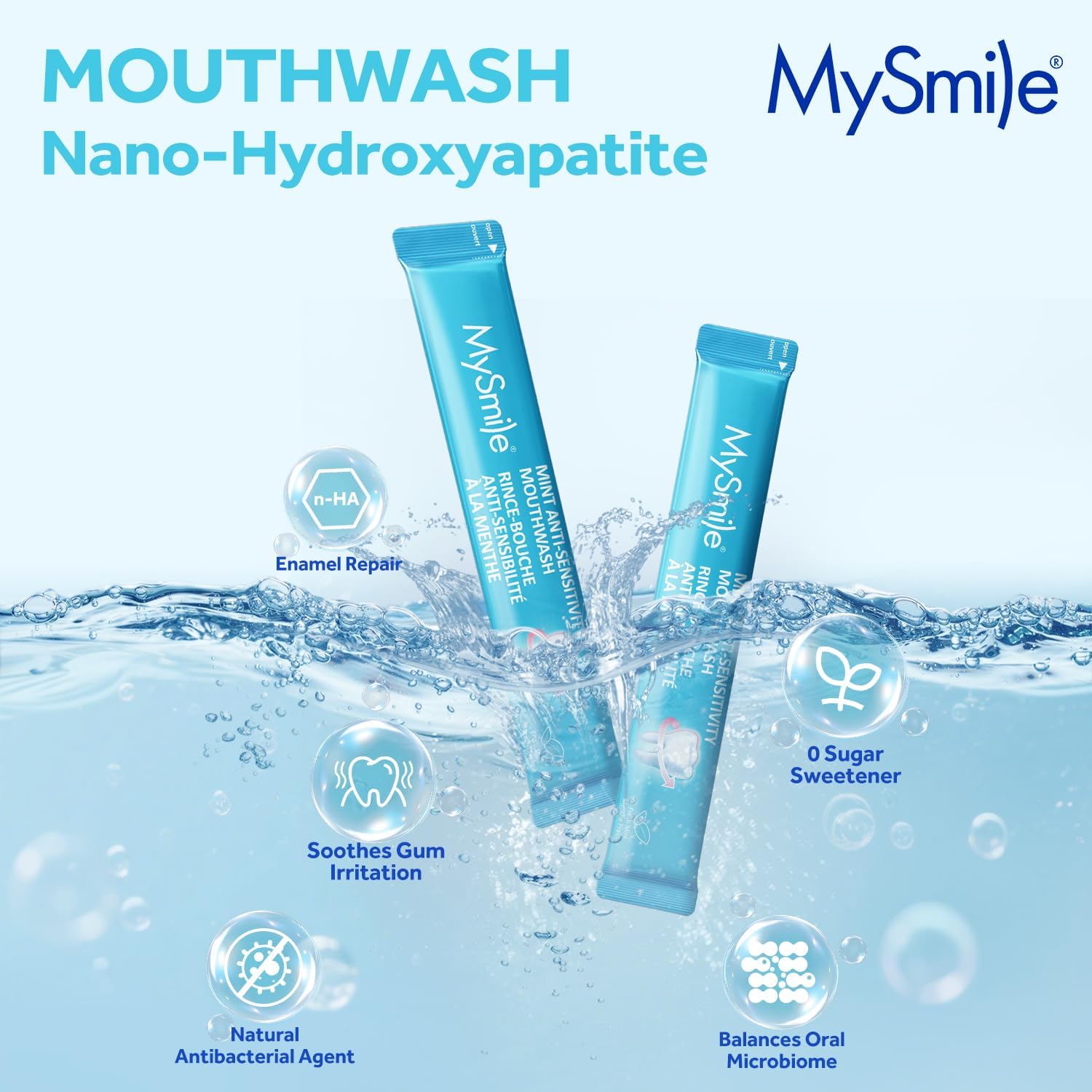 MySmile Mouthwash for Sensitive Teeth, Nano Hydroxyapatite Mouth Wash Travel Size, Fluoride Free Alcohol-Free Remineralizing for Enamel Strength Oral Rinse, Fresh Mint Flavor, 30 Packets