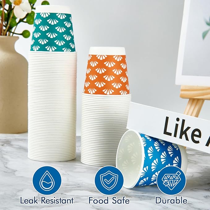 JollyPack 300 Pack 3 oz Disposable Bathroom Paper Cups, Small Mouthwash Cups in Orange, Blue, and Green, Great for Candy, Biscuits, Bathroom Use, Parties, Picnics, and Travel