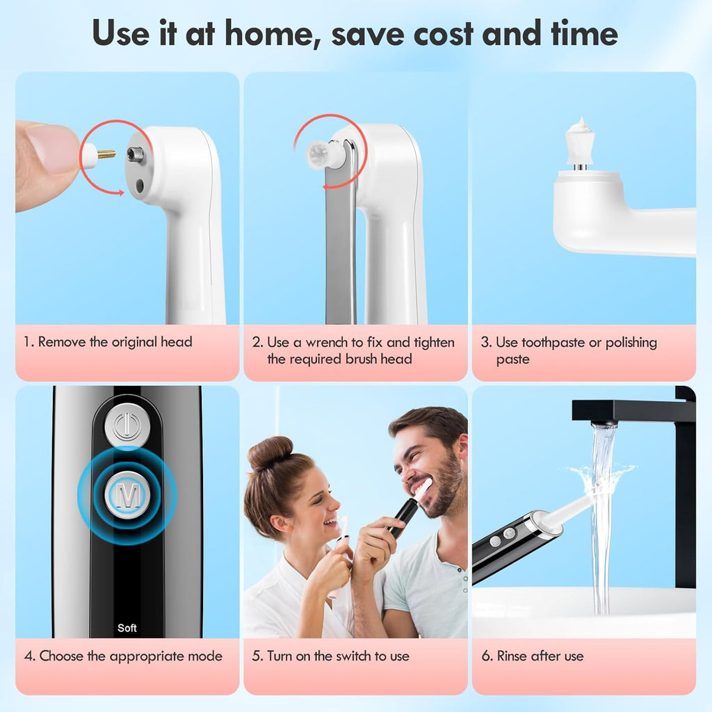 Tooth Polisher, Rechargeable Teeth Polisher for Daily Cleaning, Whitening and Polishing, Electric Dental Teeth Polishing with LED Light, 5 Brush Heads, 5 Speed Modes, Waterproof