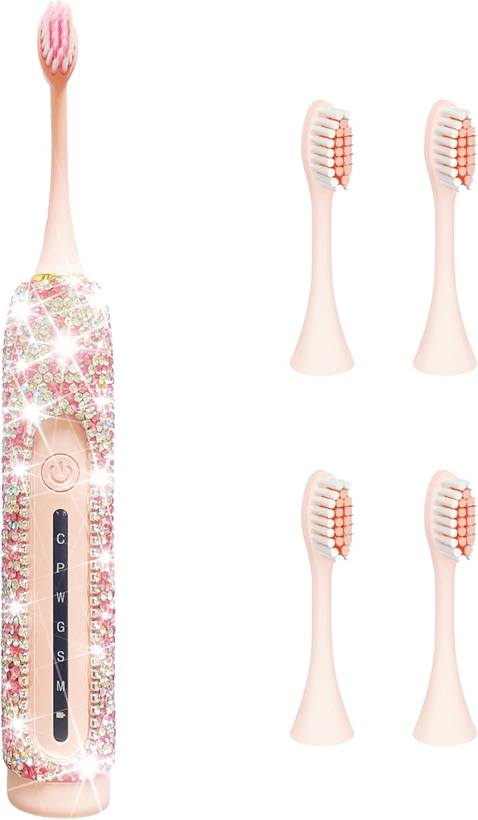 Electric Toothbrush for Girl Pink Toothbrush Bling Diamond Decor Portable Travel Essentials for Women Pink Toothbrush with 3 Replacement Heads 6 Modes