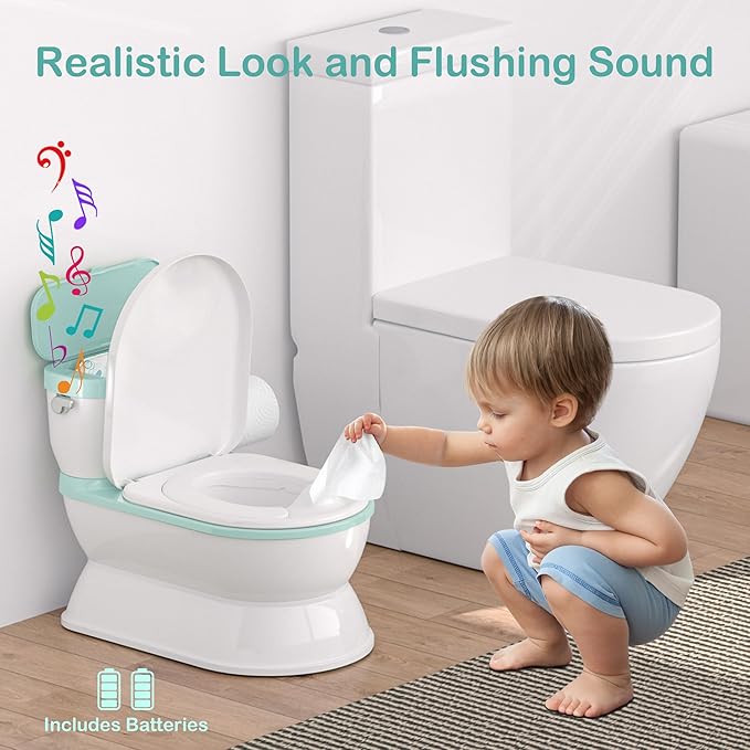 2-in-1 Toddler Potty Training Toilet - Larger Potty Chair & Detachable Training Seat for Boys & Girls Ages 1-3 with Flushing Sound, Wipes Storage, Toilet Paper Holder - Cyan