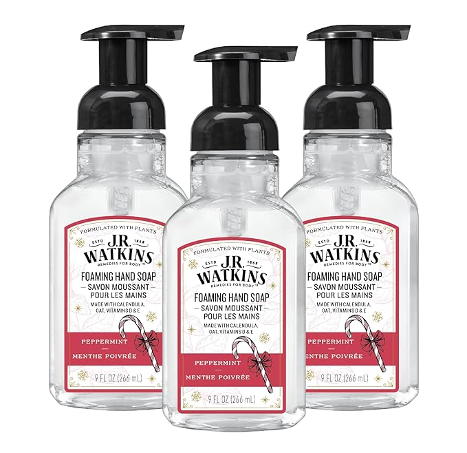 J.R. Watkins Foaming Hand Soap with Pump Dispenser, Moisturizing Foam Hand Wash, Alcohol-Free, Cruelty-Free, Peppermint, 9 fl oz, 3 Pack