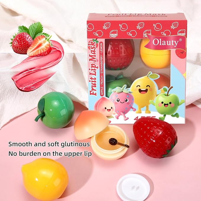 4 PCS Bee Lip Balm Lip Mask Fruit Pot, Strawberry & Apple & Lemon & Peach Moisturizing Lip Mask with Stick, Honey Lip Balm for Prevention Dry and Crack Lip,Reduce Fine Lines,Bulk Gifts, Skincare