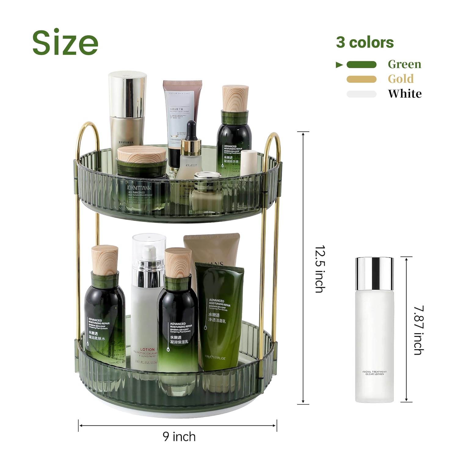 Rotating Makeup Organizer for Vanity, Perfume Skincare Lipstick Organizers for Bathroom Countertop, Clear Make up Storage for Dresser, Bathroom Cosmetics Organizer Storage 360 Spinning(2 Tier, Green)