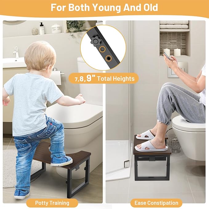 Bamboo Toilet Stool Squat, 7in 8 in & 9in Adjustable Heights, Foldable Poop Stools for Bathroom Adults Kids, Squat Stool Potty with Non-Slip, Sturdy Pooping Step Stools, Brown