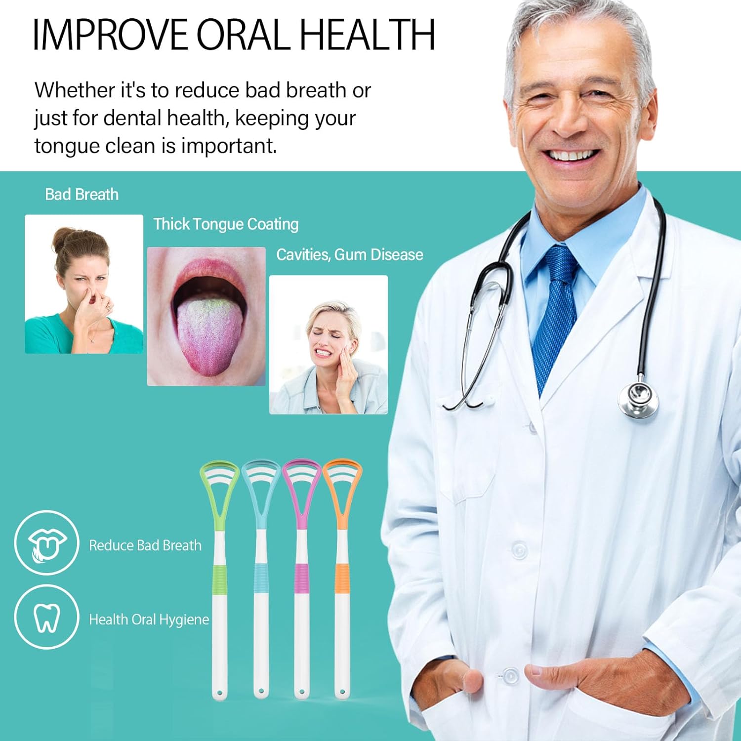 RONAVO Tongue Scraper, Disposable Tongue Cleaner, 2 in 1 BPA Free Tongue Brush, Brushing and Scraping for Oral Care Hygienic, with Travel Case, Fight Bad Breath, 4 Pack